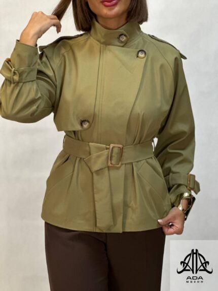 ترنچ کت زنانه یک طرفه پیش ژیله رنگ زیتونی