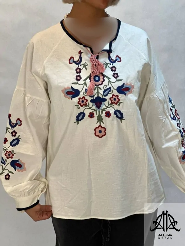 شومیز جلوبسته گلدوزی شده لینن سفید
