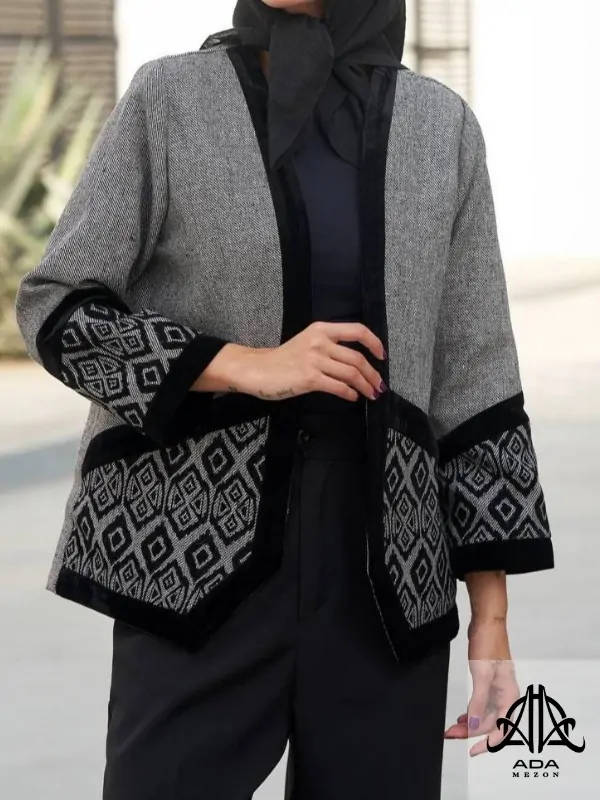 کت پاییزه زنانه یقه هفت رنگ طوسی